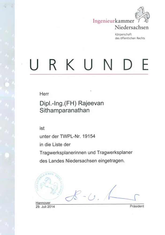 Urkunde Ingenieurkammer Niedersachsen